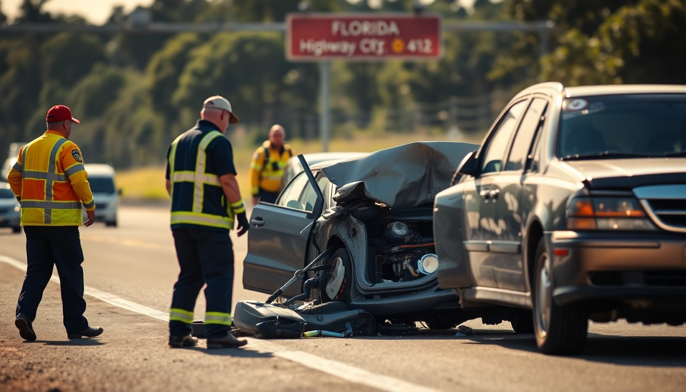 Florida Car accident attorneys assisting injured clients at a crash site in Florida.