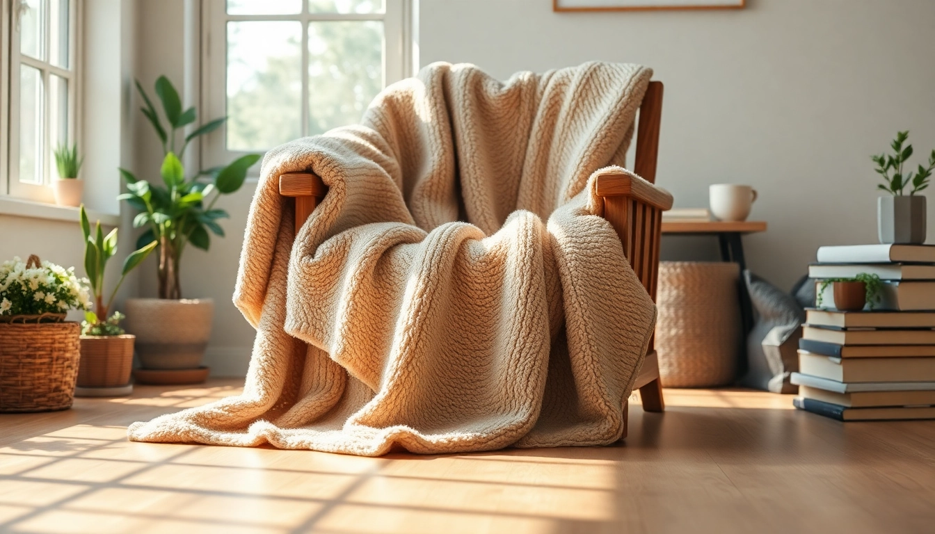 Fleece dekentje over een rustieke houten stoel in een uitnodigende woonkamer.