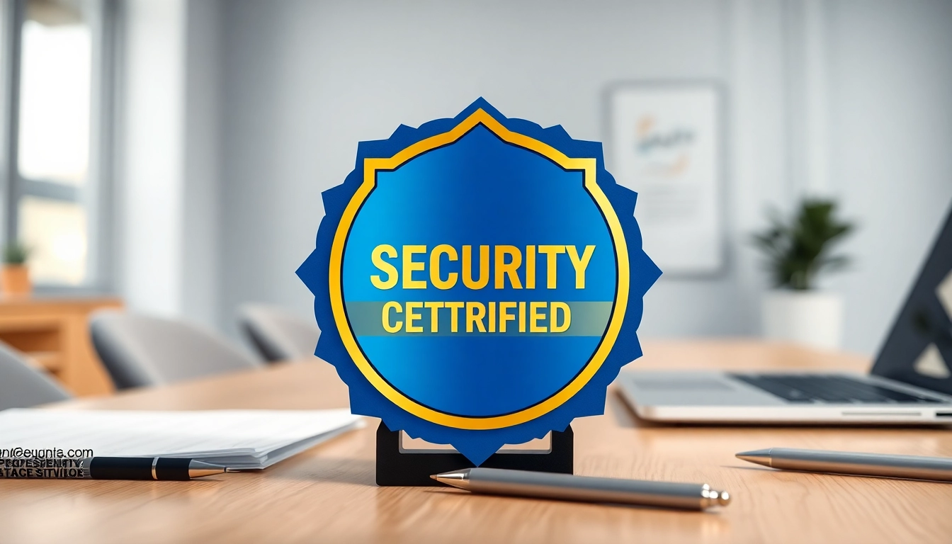 Showcasing a security certification badge in a professional office, symbolizing success and credibility.