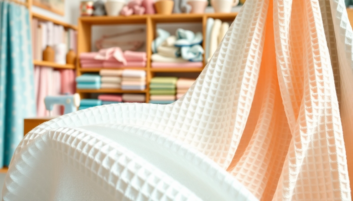 Beeld van wafel katoen met mooie textuur en levendige kleuren in stofwinkel.