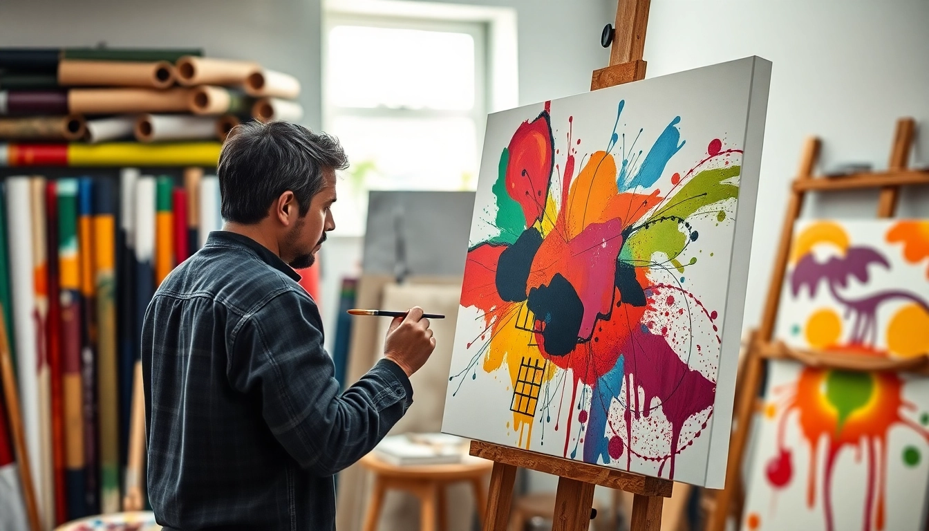 Maak een kleurrijk canvas kunstwerk zichtbaar terwijl de kunstenaar in actie is.