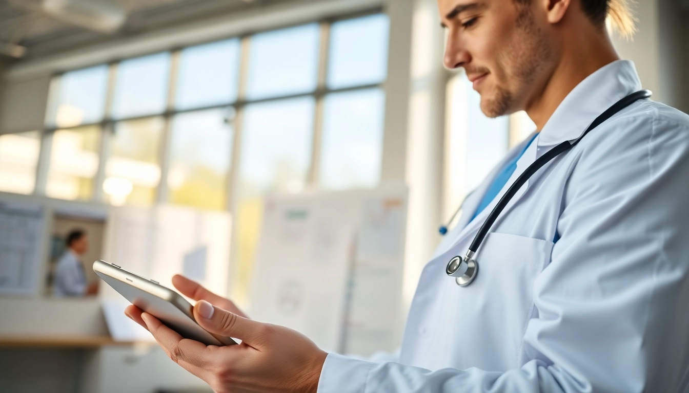 Eprescription app reviews highlighting a healthcare provider managing prescriptions digitally in a modern clinic.