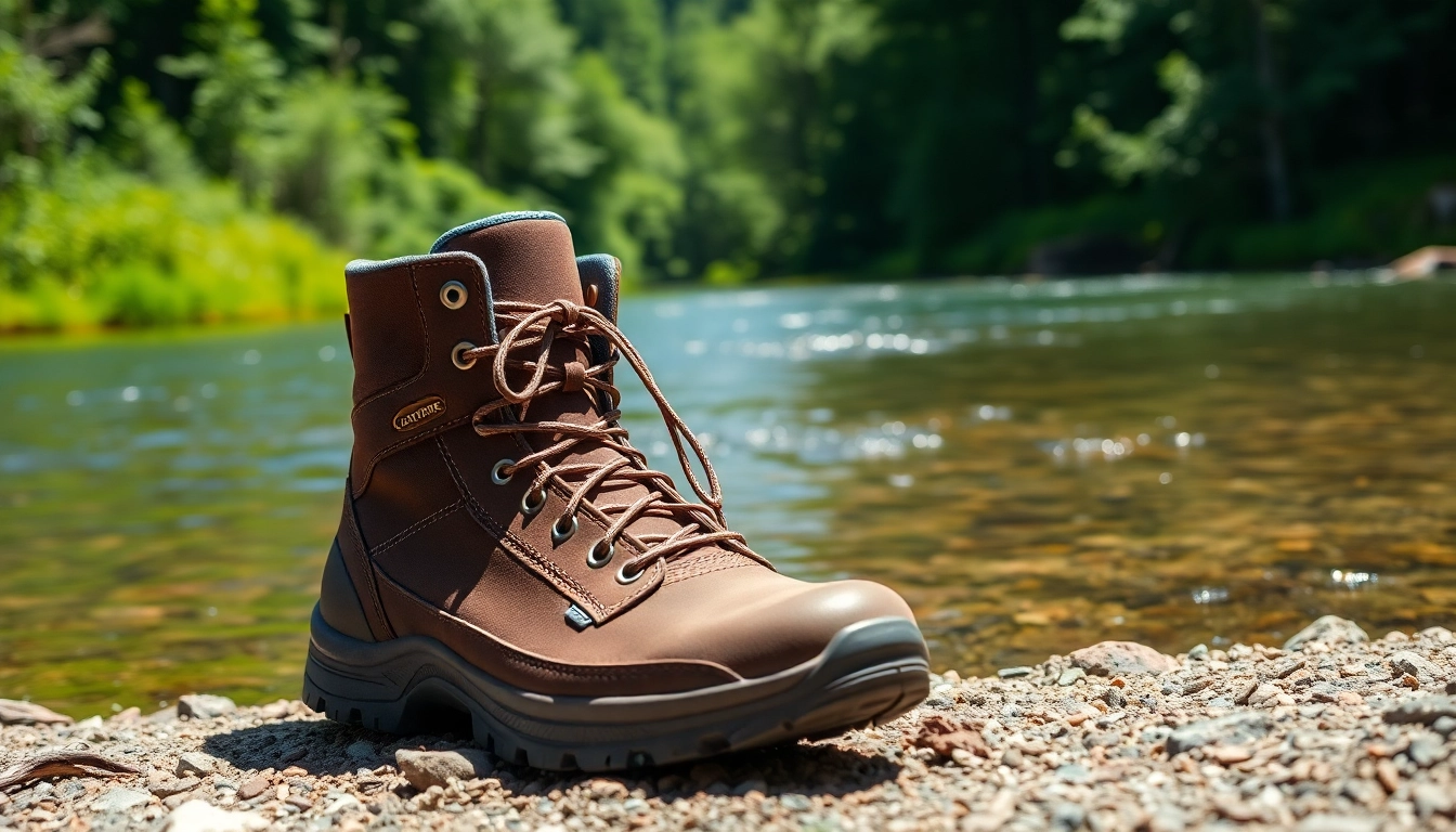 Durable fly fishing boots placed near a river, showcasing their rugged features and suitability for outdoor adventures.