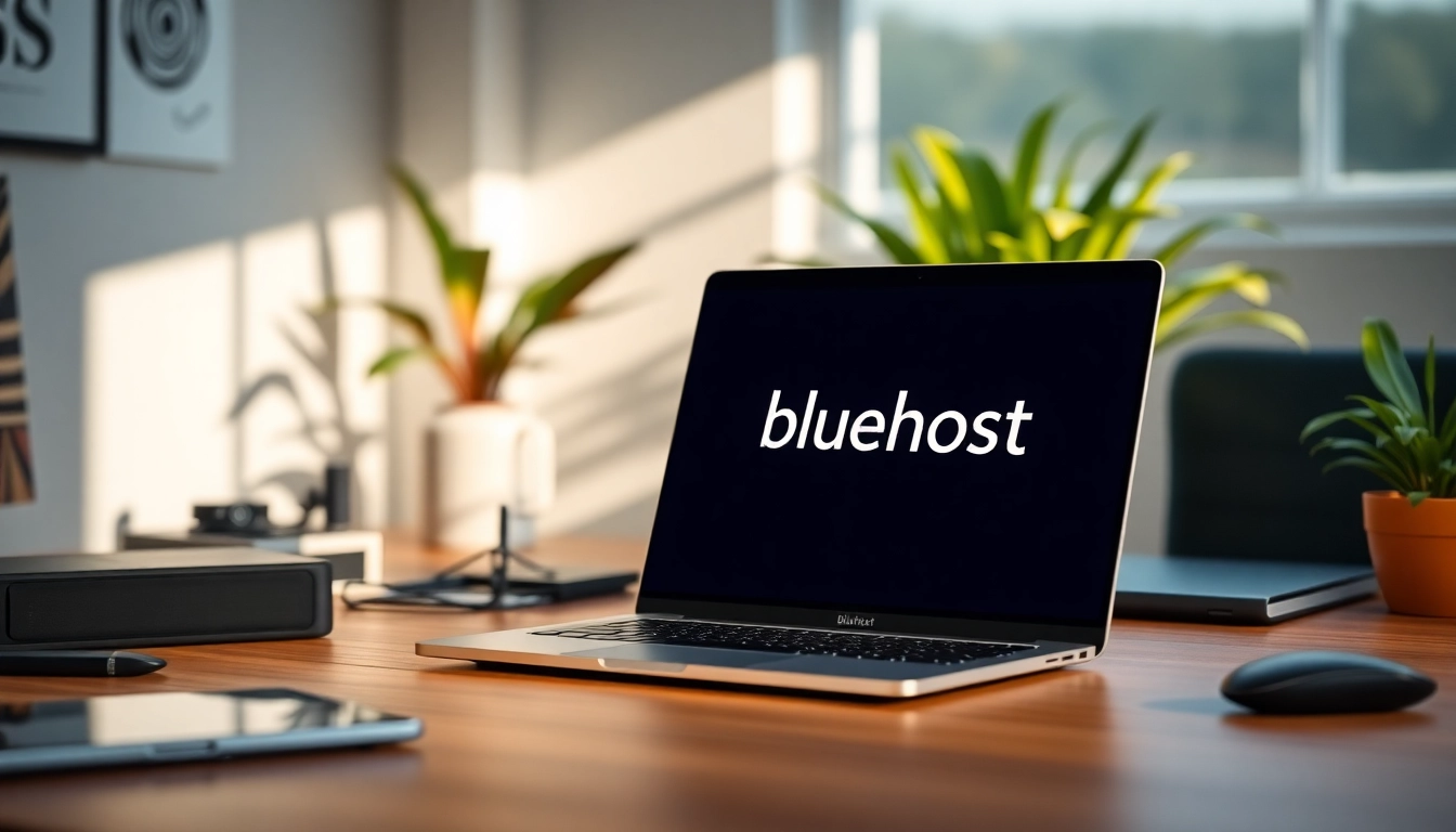 Showcase the Bluehost logo on a laptop in a professional setting, highlighting web hosting services.