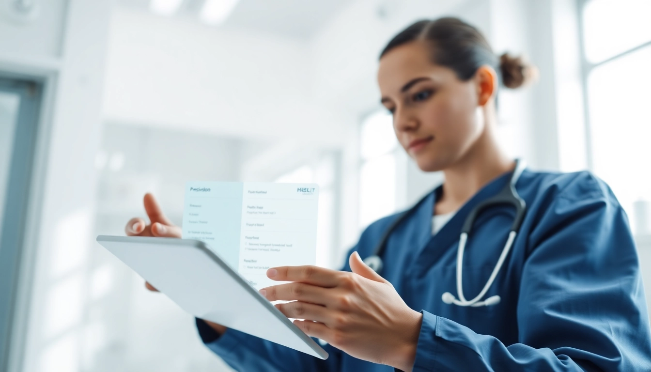 Highlighting features of eprescribing software, healthcare professional uses a tablet in a clinical setting.