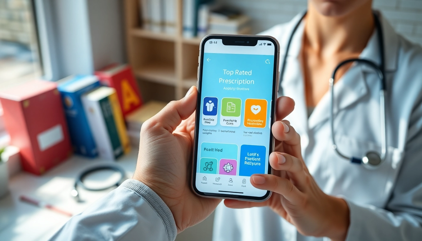 Showcasing top rated prescription applications on a smartphone within a medical environment.