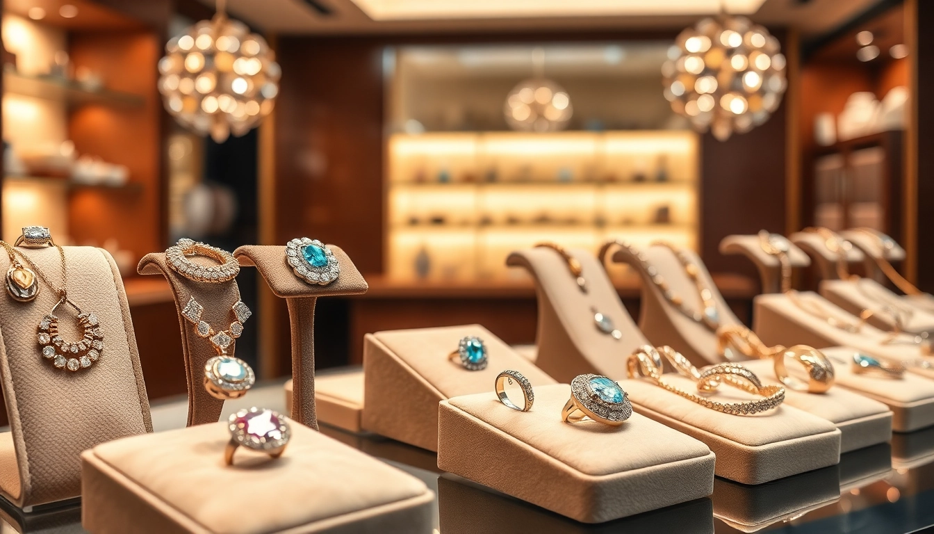 Showcase of elegant Jewelry pieces in a boutique highlighting luxurious details.